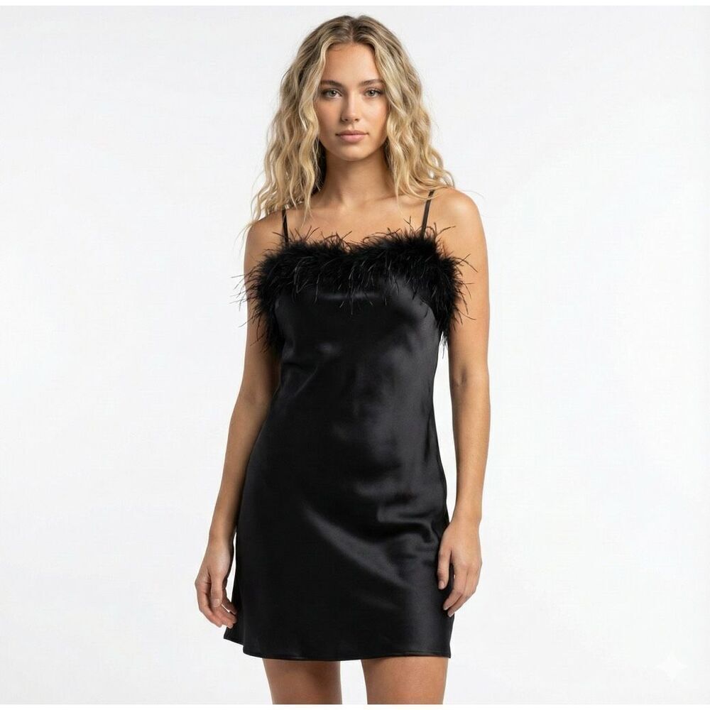 Forever 21 Black Feather Trim Mini Dress Small NWT Satin Slip Cocktail Party LBD